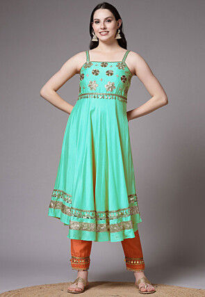 Embroidered Chanderi Cotton Anarkali Suit in Turquoise