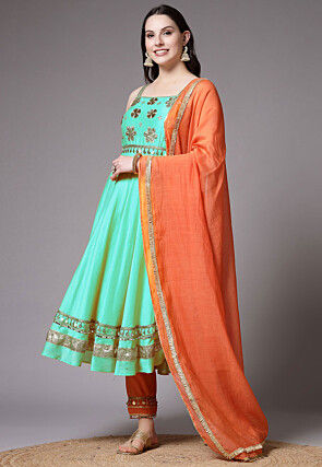 Embroidered Chanderi Cotton Anarkali Suit in Turquoise
