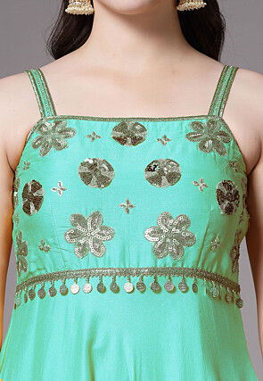 Embroidered Chanderi Cotton Anarkali Suit in Turquoise