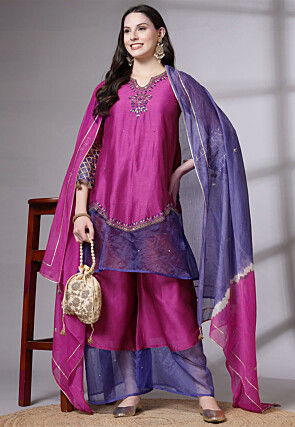 Embroidered Chanderi Cotton and Organza Pakistani Suit in Magenta
