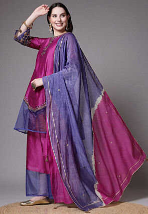 Embroidered Chanderi Cotton and Organza Pakistani Suit in Magenta