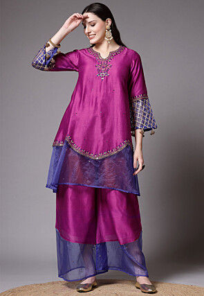 Embroidered Chanderi Cotton and Organza Pakistani Suit in Magenta