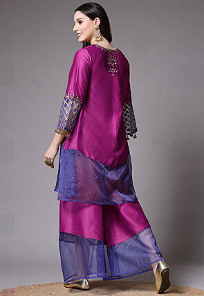 Embroidered Chanderi Cotton and Organza Pakistani Suit in Magenta