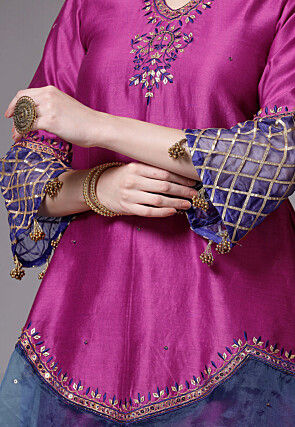 Embroidered Chanderi Cotton and Organza Pakistani Suit in Magenta