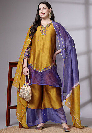 Embroidered Chanderi Cotton and Organza Pakistani Suit in Mustard