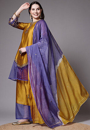 Embroidered Chanderi Cotton and Organza Pakistani Suit in Mustard