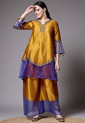Embroidered Chanderi Cotton and Organza Pakistani Suit in Mustard