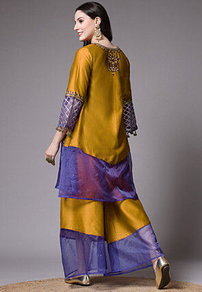 Embroidered Chanderi Cotton and Organza Pakistani Suit in Mustard