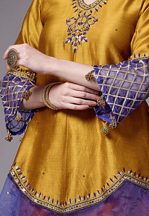 Embroidered Chanderi Cotton and Organza Pakistani Suit in Mustard
