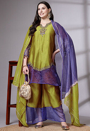 Embroidered Chanderi Cotton and Organza Pakistani Suit in Olive Green