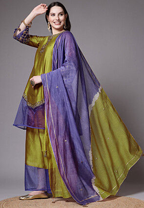 Embroidered Chanderi Cotton and Organza Pakistani Suit in Olive Green