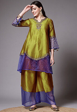 Embroidered Chanderi Cotton and Organza Pakistani Suit in Olive Green
