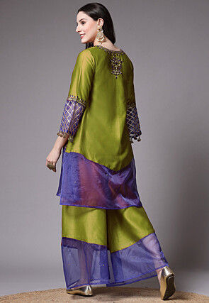 Embroidered Chanderi Cotton and Organza Pakistani Suit in Olive Green