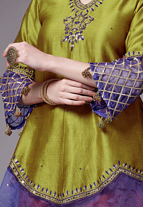 Embroidered Chanderi Cotton and Organza Pakistani Suit in Olive Green