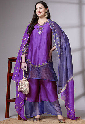 Embroidered Chanderi Cotton and Organza Pakistani Suit in Purple