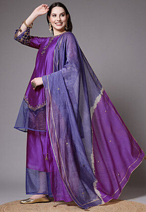 Embroidered Chanderi Cotton and Organza Pakistani Suit in Purple