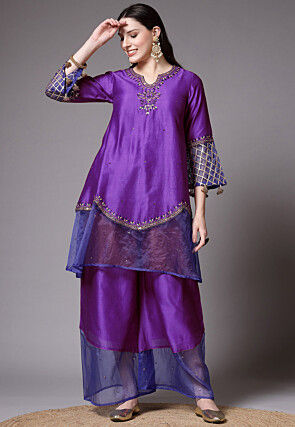 Embroidered Chanderi Cotton and Organza Pakistani Suit in Purple