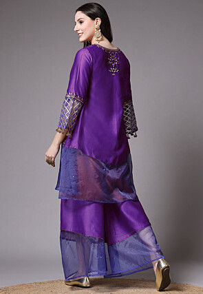 Embroidered Chanderi Cotton and Organza Pakistani Suit in Purple