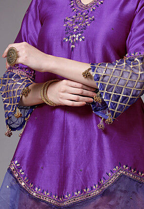 Embroidered Chanderi Cotton and Organza Pakistani Suit in Purple