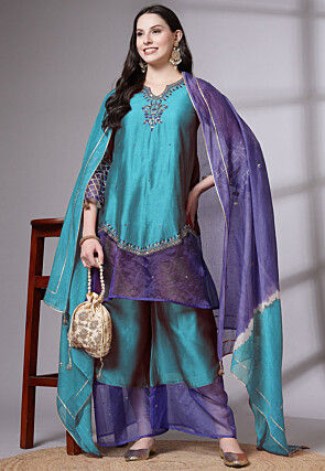 Embroidered Chanderi Cotton and Organza Pakistani Suit in Sky Blue