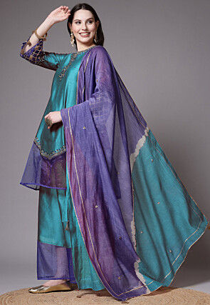 Embroidered Chanderi Cotton and Organza Pakistani Suit in Sky Blue