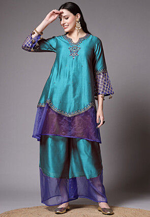 Embroidered Chanderi Cotton and Organza Pakistani Suit in Sky Blue