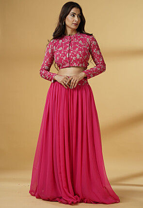 Embroidered Chanderi Cotton Crop Top Set in Fuchsia