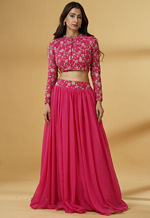 Embroidered Chanderi Cotton Crop Top Set in Fuchsia