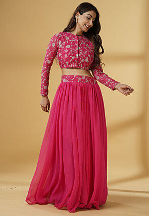 Embroidered Chanderi Cotton Crop Top Set in Fuchsia