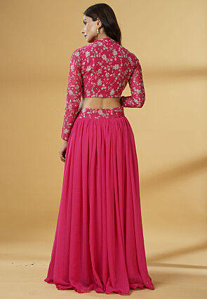 Embroidered Chanderi Cotton Crop Top Set in Fuchsia