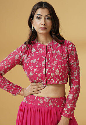 Embroidered Chanderi Cotton Crop Top Set in Fuchsia
