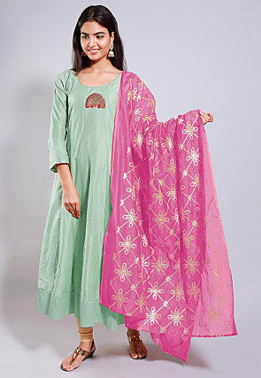 Embroidered Chanderi Cotton Dupatta in Pink