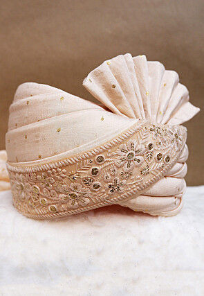 Embroidered Chanderi Cotton Jacquard Turban in Peach