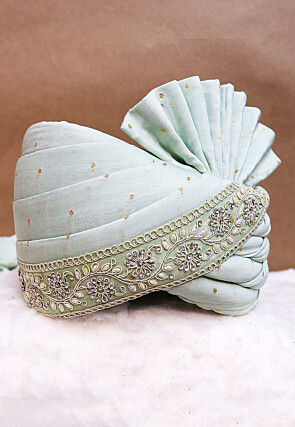 Embroidered Chanderi Cotton Jacquard Turban in Sea Green
