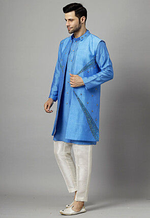 Embroidered Chanderi Cotton Kurta Set in Blue
