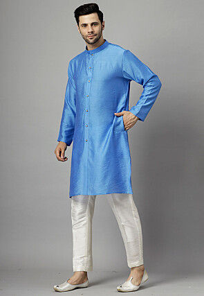 Embroidered Chanderi Cotton Kurta Set in Blue