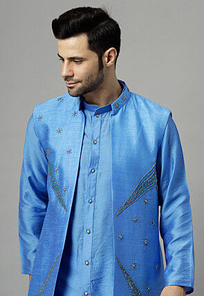 Embroidered Chanderi Cotton Kurta Set in Blue