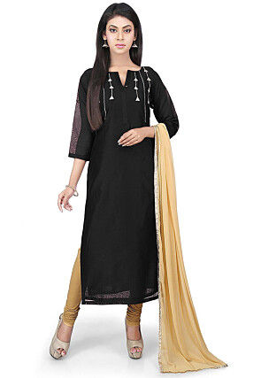 Embroidered Chanderi Cotton Pakistani Suit in Black