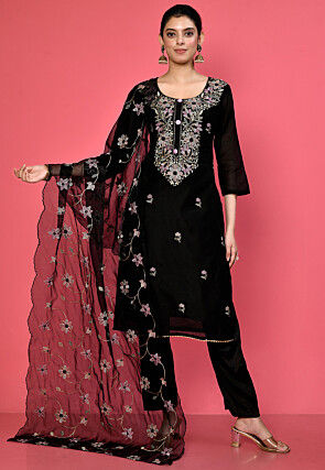 Embroidered Chanderi Cotton Pakistani Suit in Black