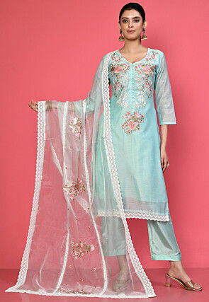 Embroidered Chanderi Cotton Pakistani Suit in Light Blue