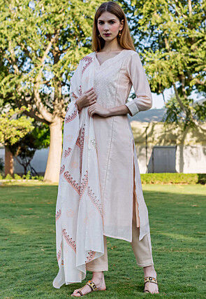 Embroidered Chanderi Cotton Pakistani Suit in Light Peach
