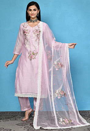 Embroidered Chanderi Cotton Pakistani Suit in Light Pink