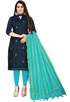 Embroidered Chanderi Cotton Pakistani Suit in Navy Blue