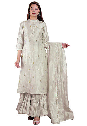 Embroidered Chanderi Cotton Pakistani Suit in Off White