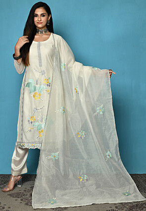 Embroidered Chanderi Cotton Pakistani Suit in Off White