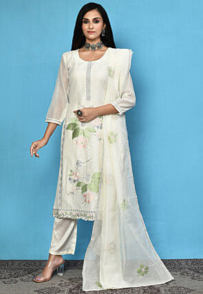 Embroidered Chanderi Cotton Pakistani Suit in Off White