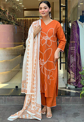 Embroidered Chanderi Cotton Pakistani Suit in Orange