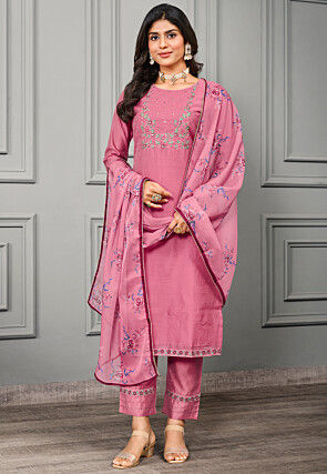 Embroidered Chanderi Cotton Pakistani Suit in Pink