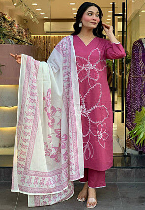 Embroidered Chanderi Cotton Pakistani Suit in Pink
