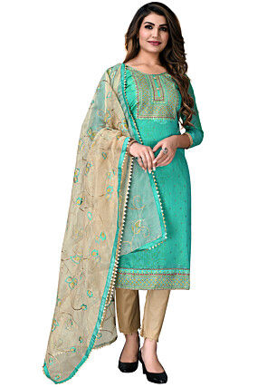 Embroidered Chanderi Cotton Pakistani Suit in Sea Green